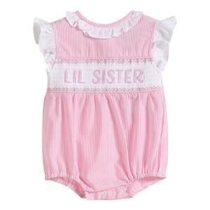 Lil cactus Pink Striped Lil Sister Smocked Romper infant baby girl size 3-6 mons